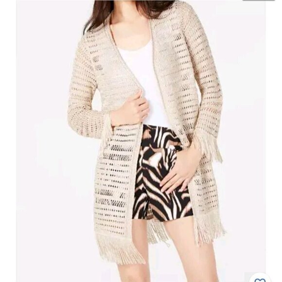 Inc International Gold Crochet Long Lines Fringe Open Cardigan Sweater Size M - Picture 1 of 8